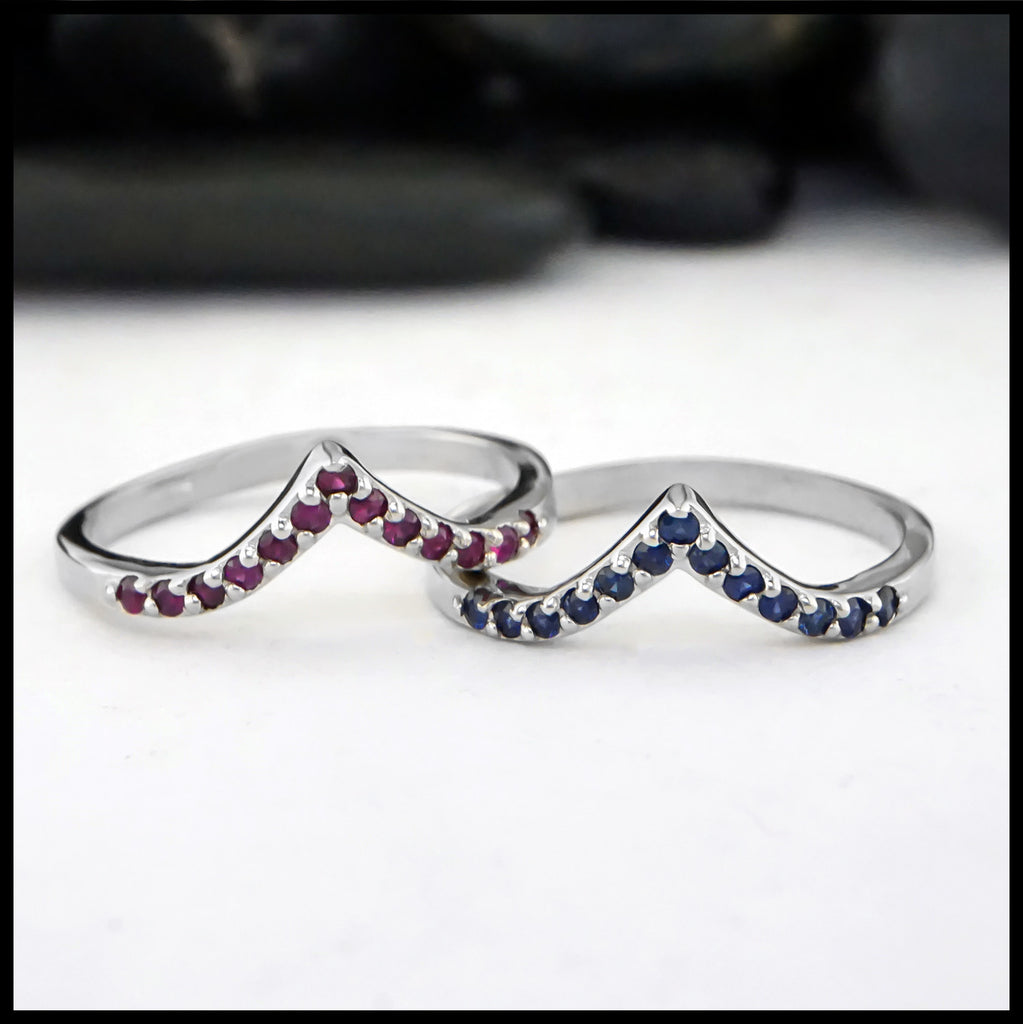 Chevron Stacking Bands Ruby left Sapphire Right
