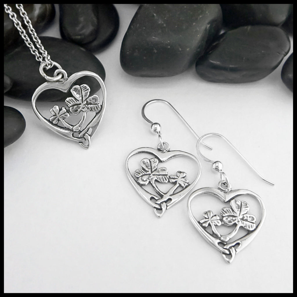 Shamrock Celtic Heart Pendant and Earrings Set