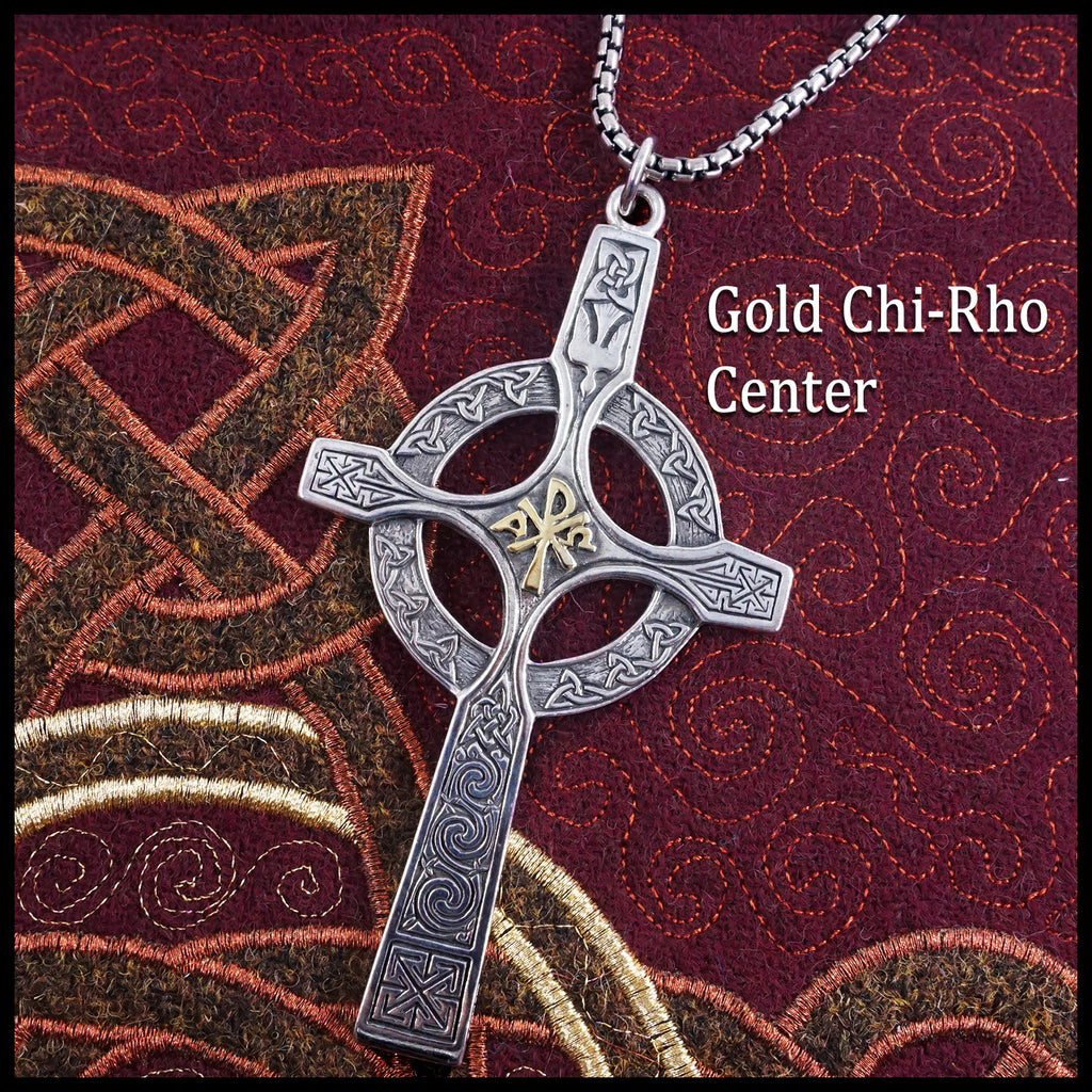 Celtic Chi Rho Pectoral Cross in Sterling Silver with Gold Center