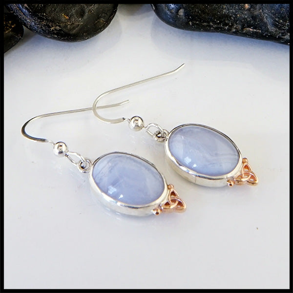 Blue Agate Trinity Knot Earrings in Sterling Silver and 14K Rose Gold
