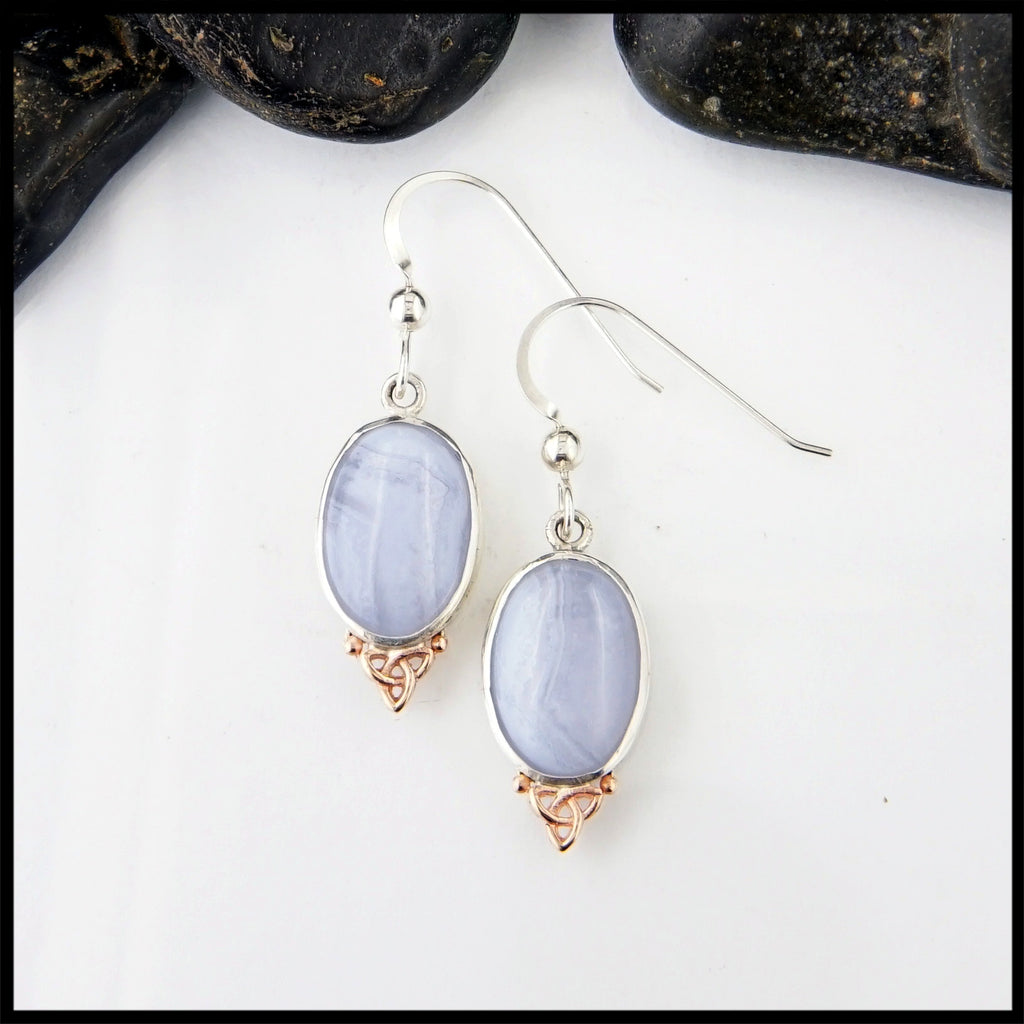 Blue Agate Trinity Knot Earrings in Sterling Silver and 14K Rose Gold