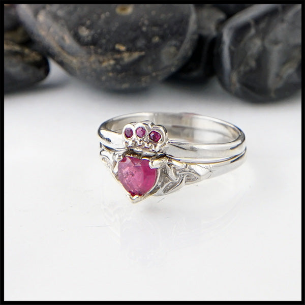 Ruby Claddagh Two Ring set in 14K White gold