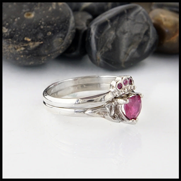 Ruby claddagh two ring set in 14K white gold