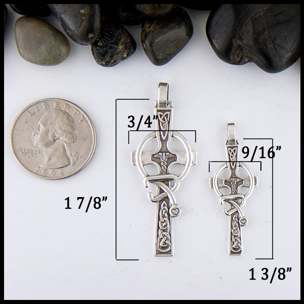 Large Celtic Caring Cross dimensions 1 7/8 inch by 3/4 inch and small are 1 3/8" by 9/16"