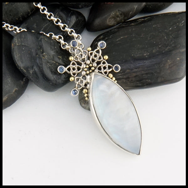 Moonstone and Sapphire Celtic Snowflake Pendant in sterling silver