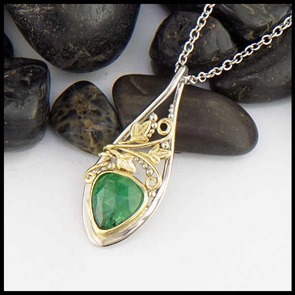 Custom Ivy pendant in 14K White gold and 18K yellow gold with Tsavorite