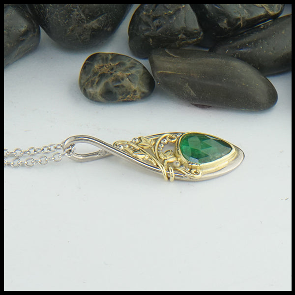 Custom Ivy pendant in 14K White gold and 18K yellow gold with Tsavorite