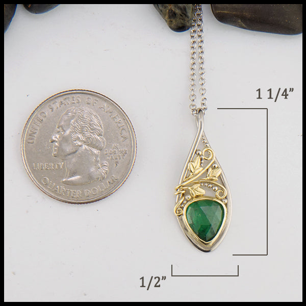 Custom Ivy pendant in 14K White gold and 18K yellow gold with Tsavorite measures 1 1/4" by 1/2"