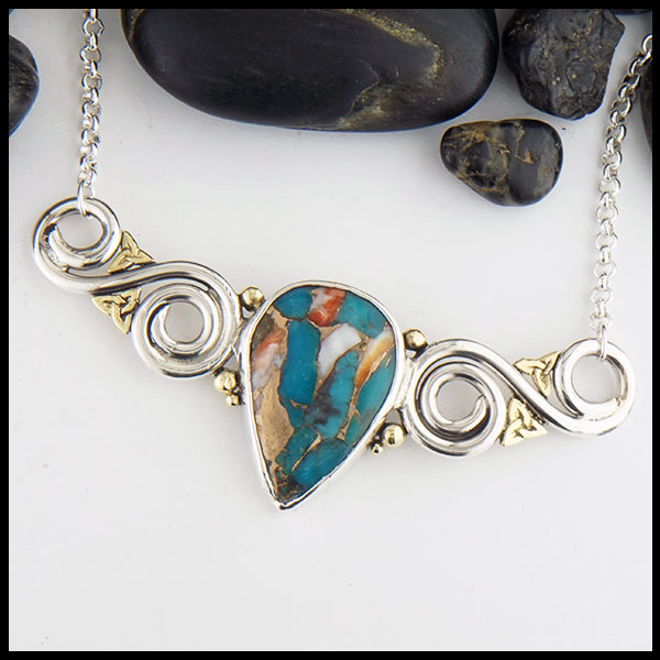 Oyster Turquoise Bar Pendant in silver and gold