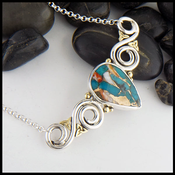 Oyster Turquoise Bar Pendant in silver and gold