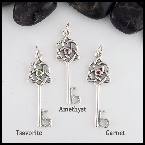 Sterling Silver Celtic Key Pendant with Amethyst, Garnet or Tsavorite