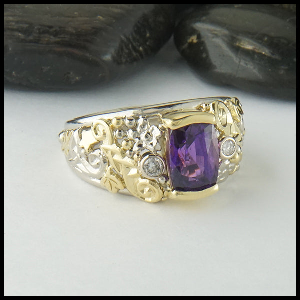 Purple sapphire ring in gold with diamonds