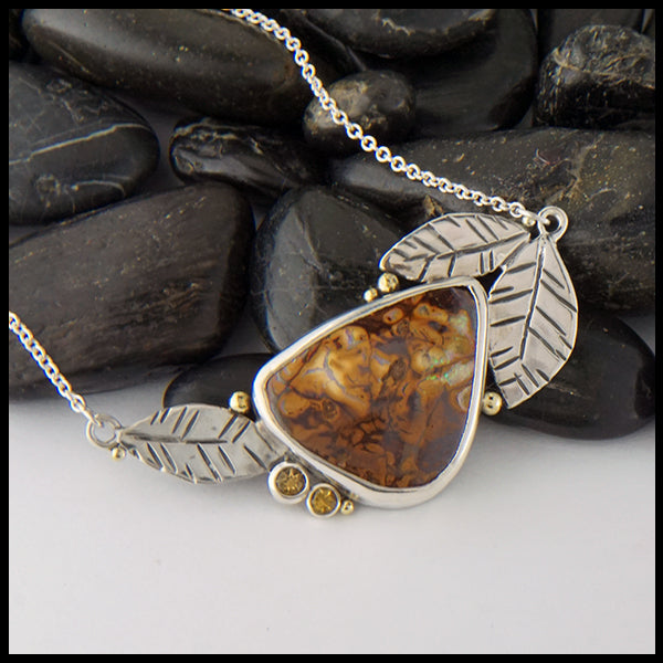Boulder Opal and Citrine Leaf Bar Pendant in Sterling Silver