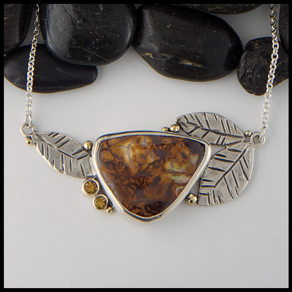 Boulder Opal and Citrine Leaf Bar Pendant in Sterling Silver