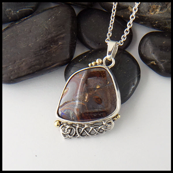 Boulder Opal and Heart Knot Pendant in Sterling Silver and 18K Yellow gold