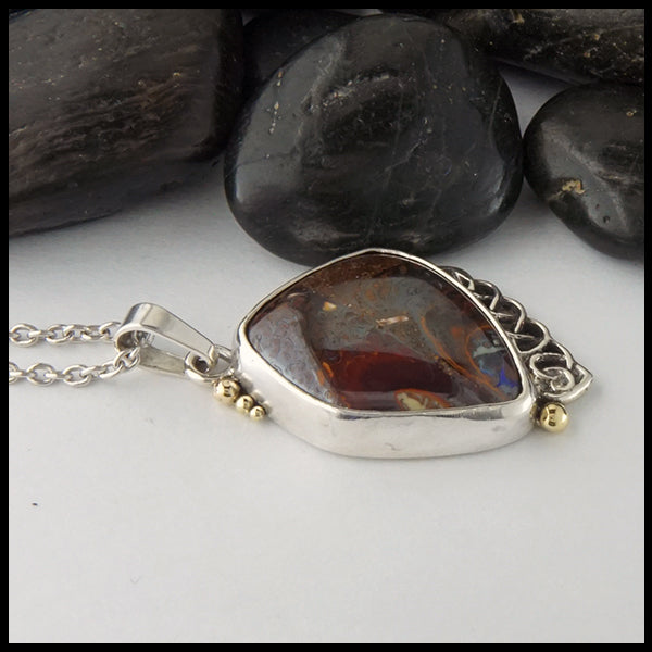 Boulder Opal and Heart Knot Pendant in Sterling Silver and 18K Yellow gold