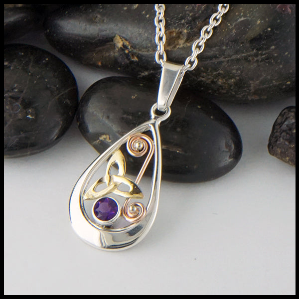 trinity pendant in silver and gold with amethyst