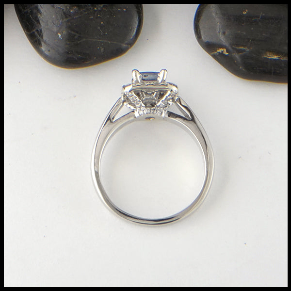 Profile view of Ceylon Sapphire Halo Ring