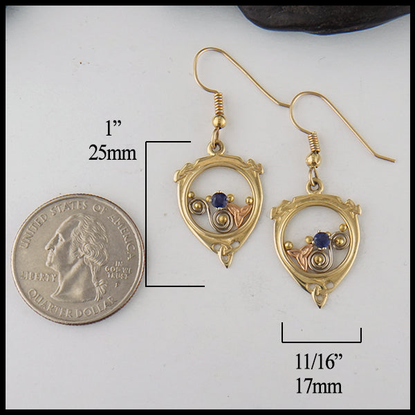 Custom Sapphire Earrings in gold measure 1" by 11/16"