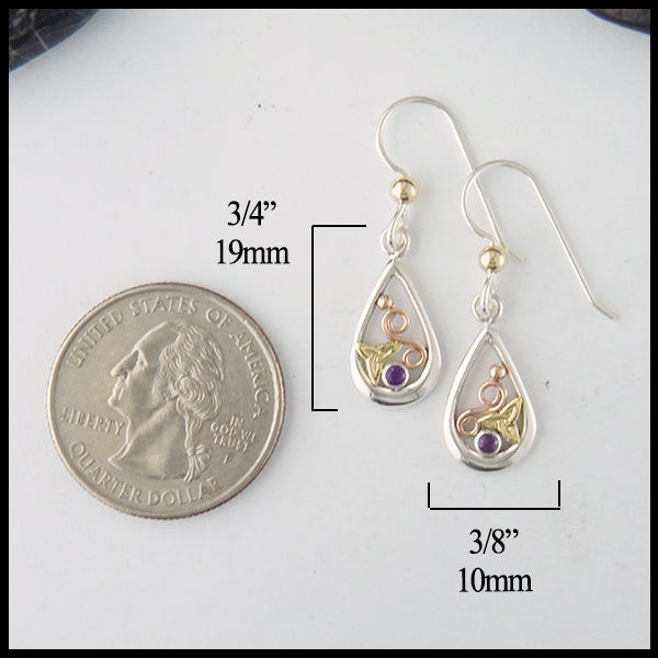 Dainty trinity earrings in silver and gold with amethyst measure 3/4" by 3/8"