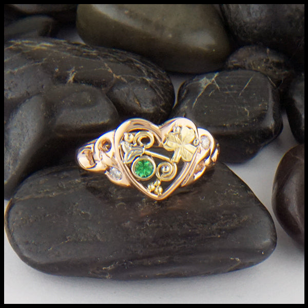 Custom Heart ring in 14K Rose, White, and Yellow gold with Tsavorite and Diamonds