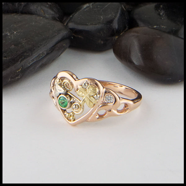 Custom Heart ring in 14K Rose, White, and Yellow gold with Tsavorite and Diamonds
