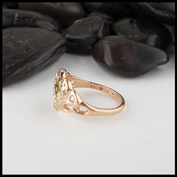Profile view of Custom Heart ring in 14K Rose, White, and Yellow gold with Tsavorite and Diamonds