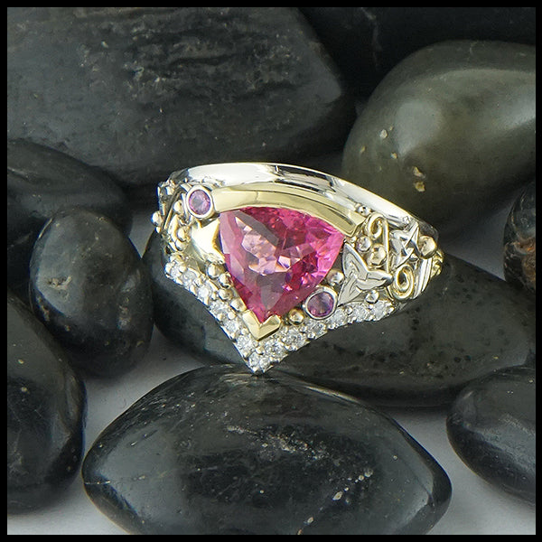 Pink Tourmaline Chevron Ring with diamonds in gold