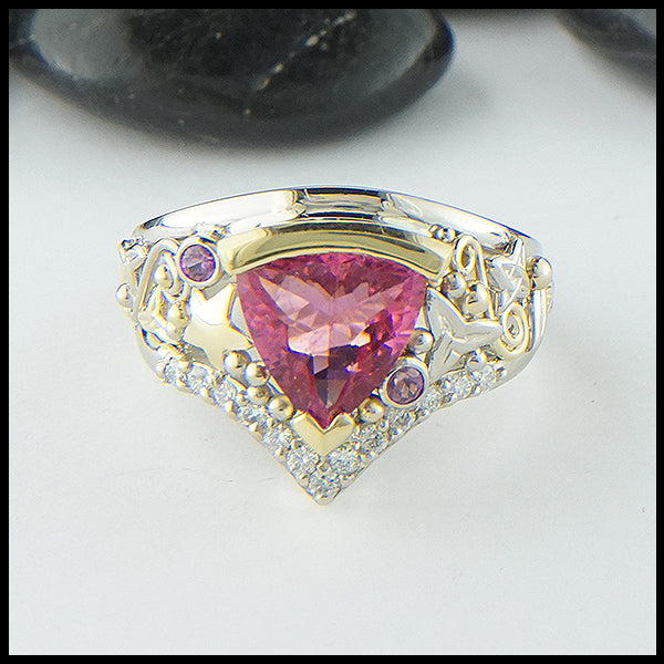 Pink Tourmaline Chevron ring with diamonds in gold