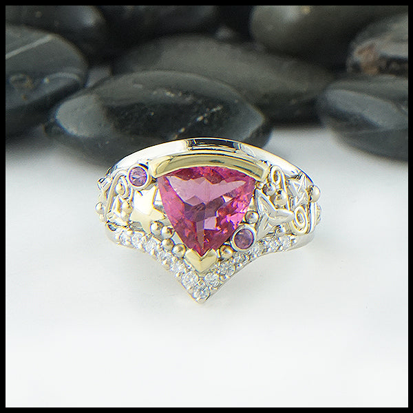 Pink Tourmaline Chevron Ring with diamonds in gold