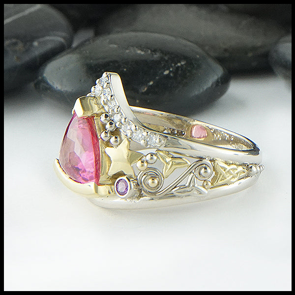 Pink Tourmaline Chevron ring with diamonds in gold
