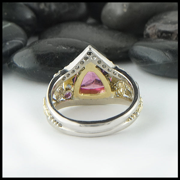 Reverse view of Pink Tourmaline chevron ring with diamonds in gold