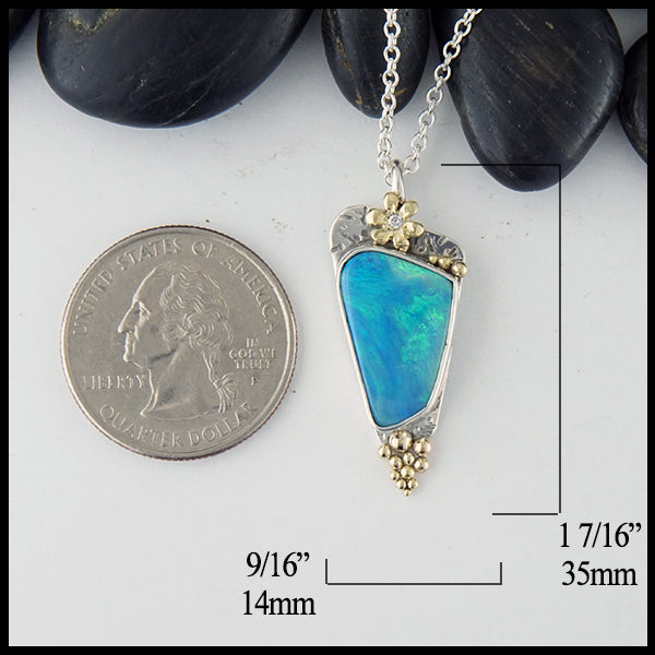 Floral Opal Doublet Pendant in sterling silver and 18K yellow gold measures 1 7/16" by 9/16"