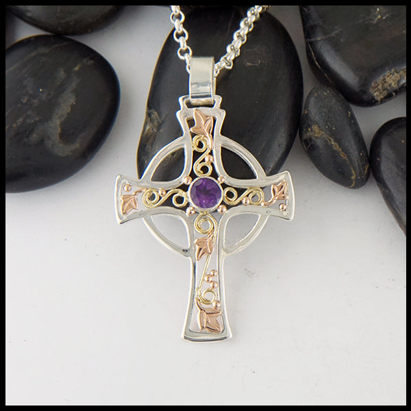 Large Celtic Cross with Ivy in Sterling Silver, 14K Rose Gold, and 18K Yellow gold with Amethyst