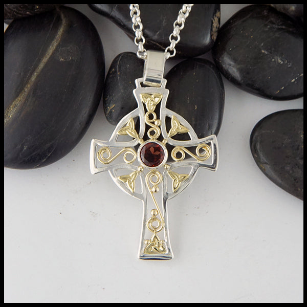 Large Celtic Cross in Sterling silver and 18K Yellow gold with Garnet