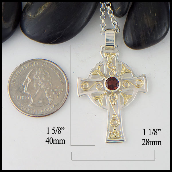 Large Celtic Cross in Sterling silver and 18K Yellow gold with Garnet measures 1 5/8" by 1 1/8"