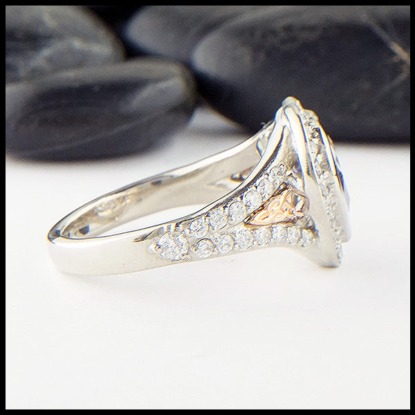 Profile view of Grey Sapphire and Diamond Heart Ring in 14K White and Rose gold