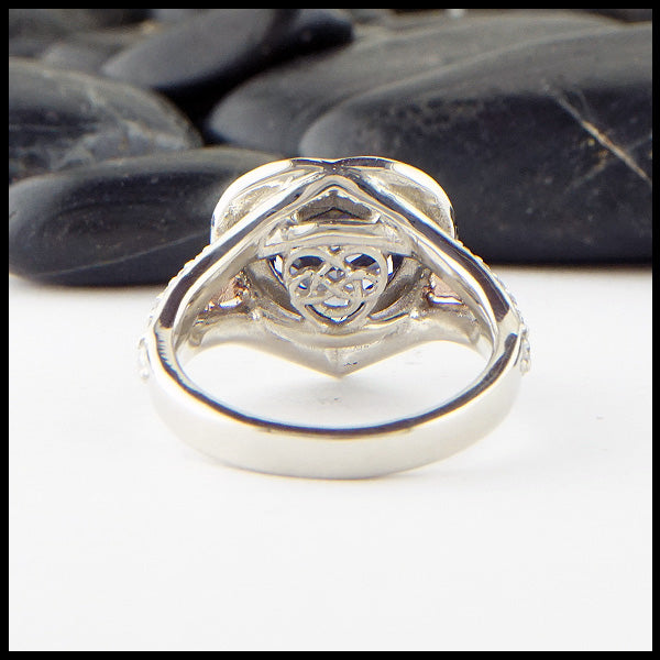 Reverse view of Grey Sapphire and Diamond Heart Ring in 14K White and Rose gold with heart knot