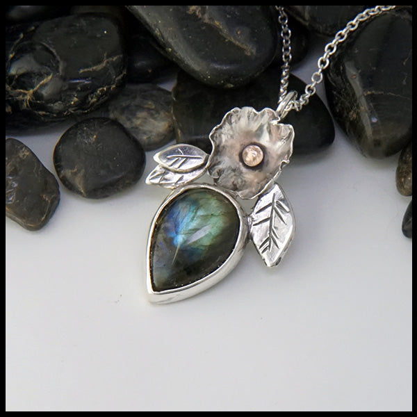Custom Sterling Silver and 14K Rose Gold Floral Pendant with Labradorite