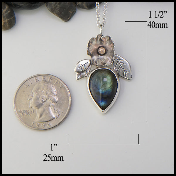 Custom Sterling Silver and 14K Rose Gold Floral Pendant with Labradorite measures 1 1/2" by 1"