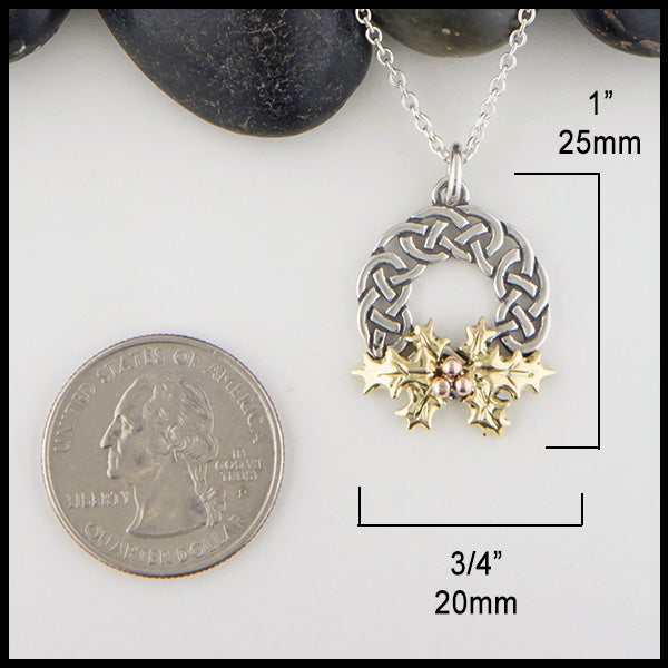 Josephine's Knot Celtic Wreath with Holly in Sterling Silver, 14K Rose Gold, and 18K Yellow Gold measures 1" by 3/4"