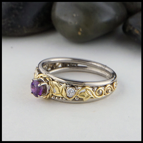 Purple Sapphire Ivy ring with diamonds in gold