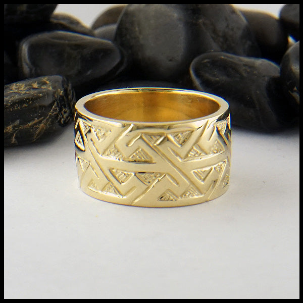 Wide Pictish Key Pattern Ring in Gold