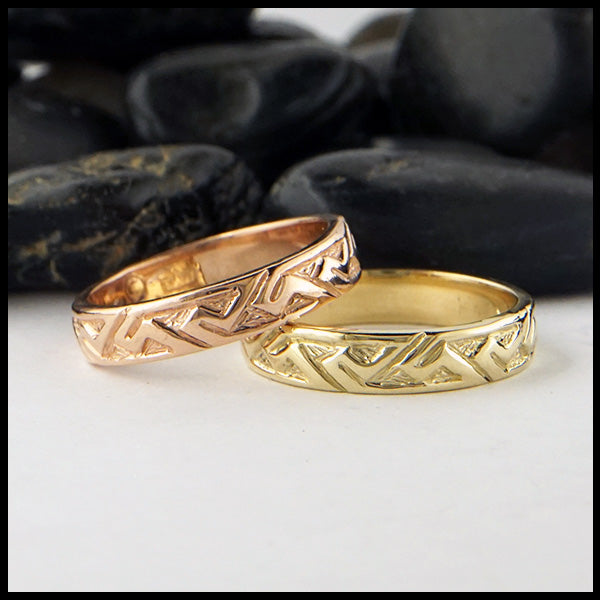 Narrow Pictish Key pattern rings in 14K Rose and Yellow gold