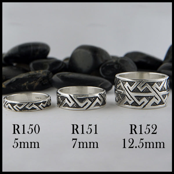 Item Numbers and widths for three variations of Pictish Key Pattern rings
