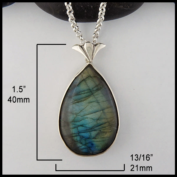 Labradorite cattail pendant measures 1 1/2" by 13/16"