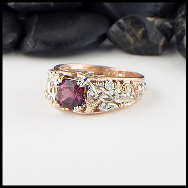 Purple Garnet  and Diamond Custom ring in 14K White and Rose gold