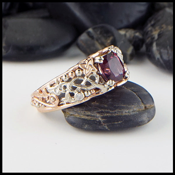 Purple garnet and diamond custom ring in 14K white and rose gold