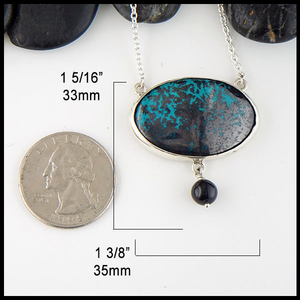 Azurite and Onyx wing pendant measures 1 5/16" by 1 3/8"