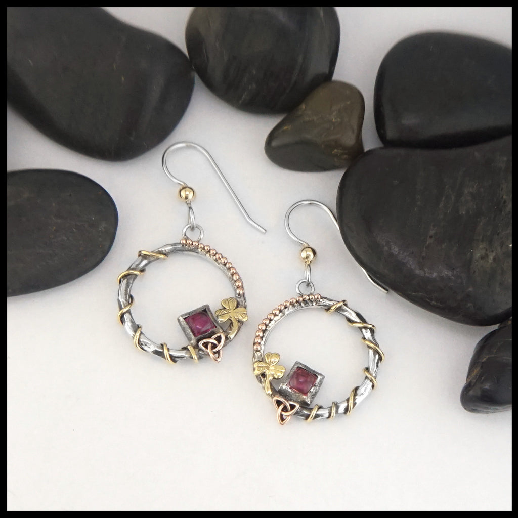 celtic drop earring with pink tourmaline 